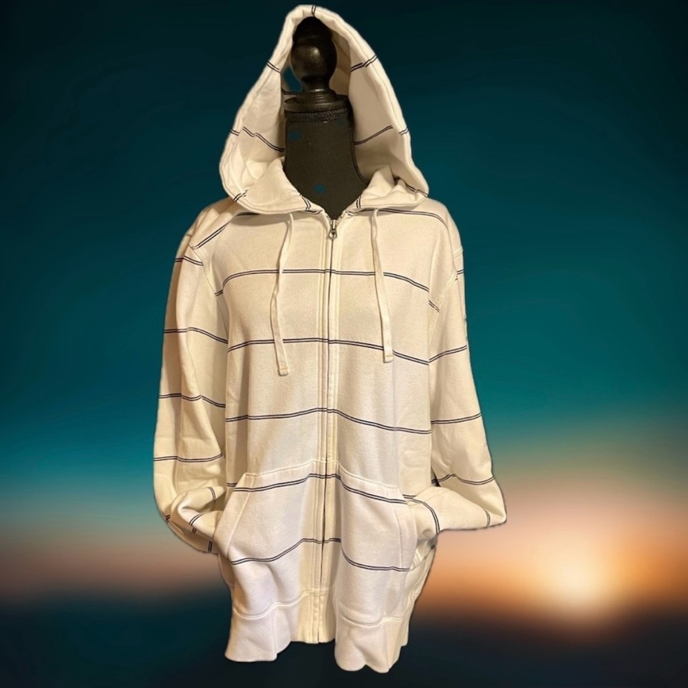 Nautica Jeans Co. Unisex white zip up hoodie with blue stripes sz L